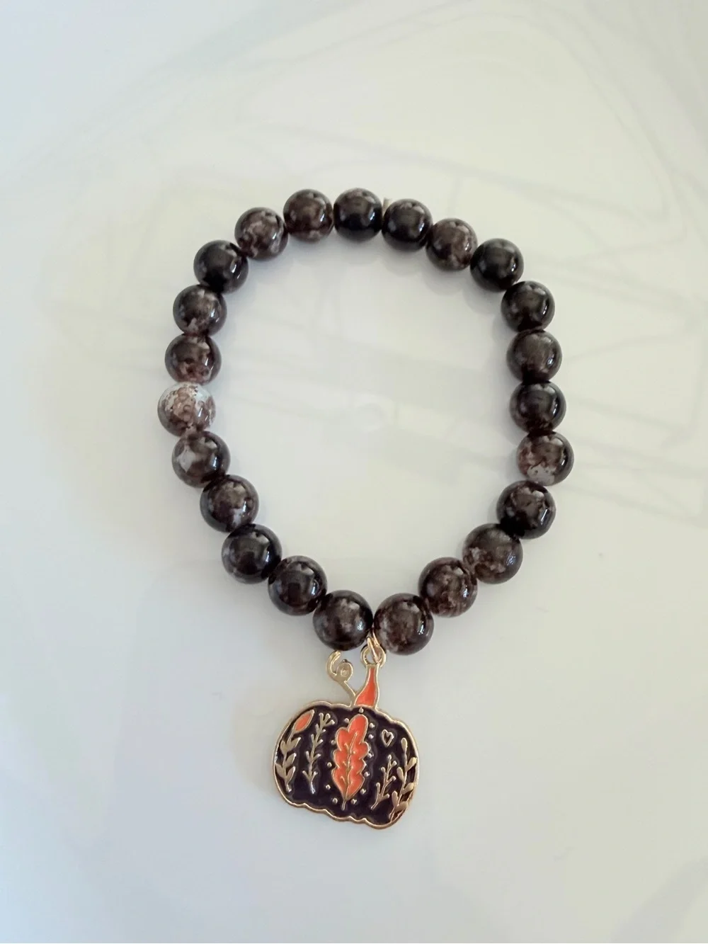 Brown Beaded Stretch Bracelet with Pumpkin Charm
